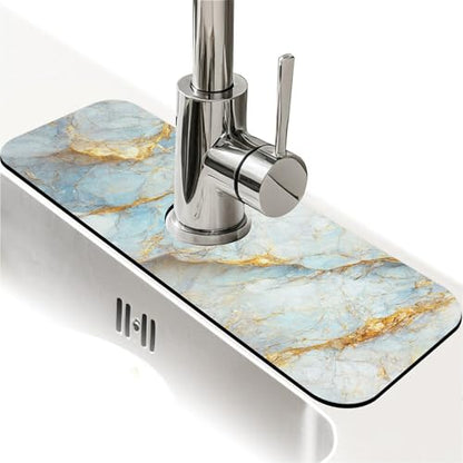 Kitchen Sink Splash Guard，Blue, white and gold marble-1 Faucet Mat Sink Gadgets-Super Absorbent Fast Drying Mat Drip Catcher for Kitchen, Bathroom,Sink Mat, Dish Drying Mat, Bathroom(15" X 5.5" ) - color: Blue, white and gold marble-1