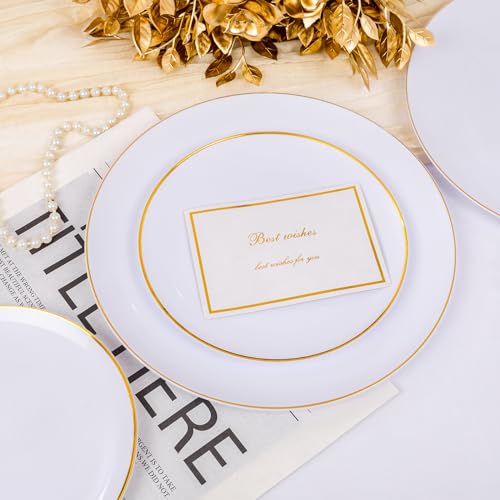 MirthMood 350Pcs White and Gold Dinnerware Set,Plastic plates Includes:50 Dinner Plates, 50 Dessert Plates, 150 Gold Plastic Cutlery,50 Paper Towels & 50 Cups for Party&Wedding - color: White, size: 350