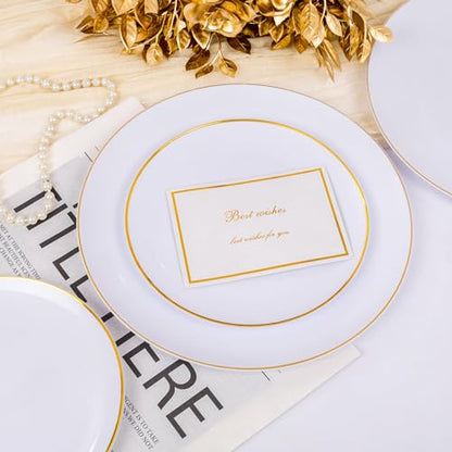 MirthMood 350Pcs White and Gold Dinnerware Set,Plastic plates Includes:50 Dinner Plates, 50 Dessert Plates, 150 Gold Plastic Cutlery,50 Paper Towels & 50 Cups for Party&Wedding - color: White, size: 350