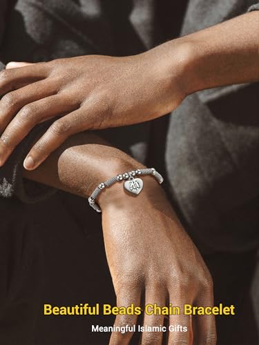 PROSTEEL Allah Bracelet, Muslim Islamic Jewelry Religious Islam Arabic God Charm Stainless Steel Beads Chain Bracelet, fits wrist from 5.9'' to 7.9'', Come with Box - color: 01 silver-allah heart