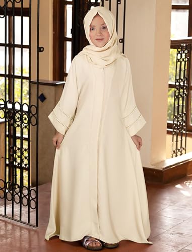 Muslim Abaya For Girls Islamic Prayer Abayas Dress with Hijab Ramadan Cardigan Kaftan Robe Dresses Dubai Outfits - color: Beige, size: 9-10 Years