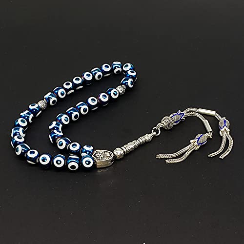 Design -Special Evil Eye Beaded Collection Worry Beads - Prayer Beads (8 mm-33 Beads) Tesbih-Tasbih-Tasbeeh-Misbaha-Masbaha-Subha-Sebha-Sibha-Rosary (Electroplate Glass Blue Evil Eye) - color: Electroplate Glass Blue Evil Eye