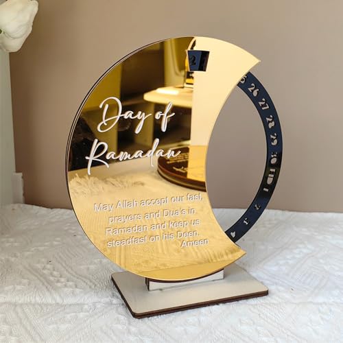 Ramadan Advent Calendar, Ramadan Acrylic Advent Calendar with Wooden Base, Moon Countdown Calendar Ornament, Ramadan Advent Countdown Moon Ornament Ramadan Table Decoration for Eid Mubarak Party(#2) - color: #2
