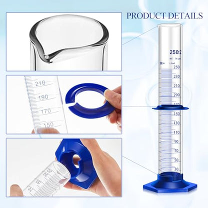 Thick Glass Graduated Cylinder Measuring Liquid Lab Cylinders with Anti-Falling Plastic Base and Bumper Guards and Glass Dropper (Glass, 250ML) - size: 250ML