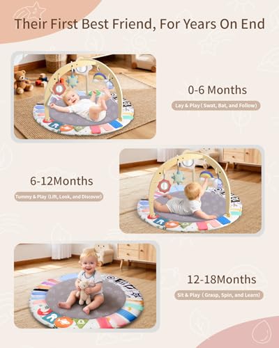Baby Play Gym Activity Mat, WOOD CITY Tummy Time Play Mat for Babies 0-6 Months with 6 Detachable Newborn Infant Toys, Promote Motor Skills & Sensory Development Baby Essentials Gift