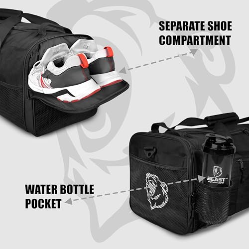 Gym Duffle Bag- Workout, Boxing, MMA, Sports Bag with Shoes Compartment and Adjustable Shoulder Strap for Men and Women (Black) - color: Black