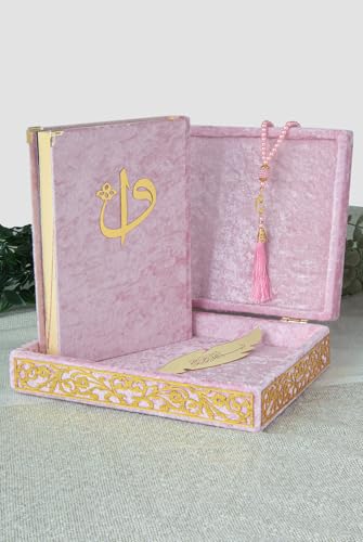 ihvan online Velvet Covered Quran Book in Arabic and Prayer Beads, Elegant Decorative Box, Islamic Decorations for Home, Muslim Home & Table Decor, Islamic Ramadan Eid Gifts, Pink - color: Pink