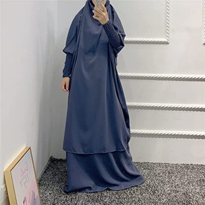 Women Muslim 2 Set Solid Color Plus Long Sleeve Thobe One-size Longuette Overall Abaya Thobe with Hoodied Hijab - color: Gray