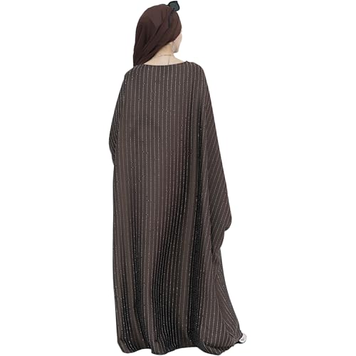 Muslim Abaya Dress 1Piece Bat Sleeve Kaftan Robe Women Islamic Maxi Dress Rhinestone Jilbab Eid Shiny Abaya(No scarf) - color: Brown I