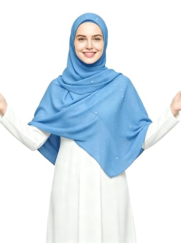 Lina & Lily Sparkle Shimmer Gold Glitter Women's Chiffon Hijab Head Scarf Shawl Wrap Lightweight - color: Azure Blue