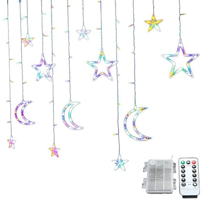 Star Moon Curtain String Light, 120 LED, 11.5 ft / 3.5 m, USB Dimmable with Remote, Multicolor Fairy Icicle Light for Window, Holiday, Party