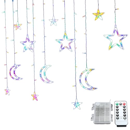 Star Moon Curtain String Light, 120 LED, 11.5 ft / 3.5 m, USB Dimmable with Remote, Multicolor Fairy Icicle Light for Window, Holiday, Party