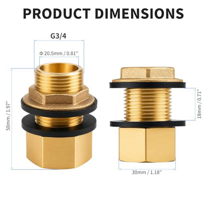 3/4 Inch Brass Bulkhead Fitting G1 Male & Female Water Tank Connector Adapter Fitting with 4 Rubber Gasket, Thru-Bulk Pipe Fitting for Rain Barrels Aquariums Ponds Industrial Plumbing - size: G3/4