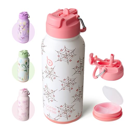 BOTTLE BOTTLE 32oz Insulated Water Bottle with Pill Box | Stainless Steel,Sport Water Bottle, with Straw Dual-use Lid and Pill Box, Design for Gym - color: Cupid Web