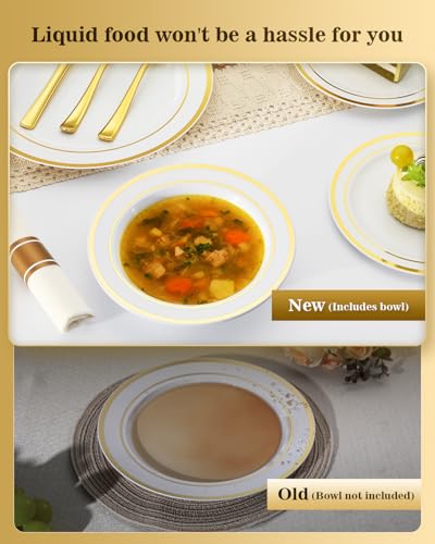 BESTVIP 400PCS Gold Plastic Dinnerware Set, Disposable Party Supplies for 50 Guests - Include 100 Plates, 50 Leak-Proof Soup Bowls, 50 Pre Rolled Napkins with Gold Silverware, 50 Cups - color: White & Gold, size: 50 Guests