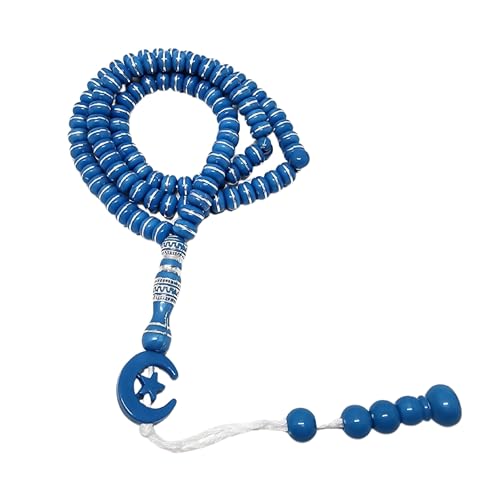 Islam Tasbih 99 비즈 AMN-464 무슬림 기도 디크르 미바하 다채로운 묵주 달 별 장식 태슬 이드 라마단 선물 - color: 블루.