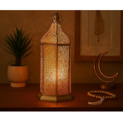 VELA LANTERNS 16" Champagne Gold Moroccan Decorative Candle Lantern – Metal Hexagon Lantern for Table or Hanging, Ramadan Turkish Islamic Decor, Wedding Centerpiece, Indoor Home Patio Lighting