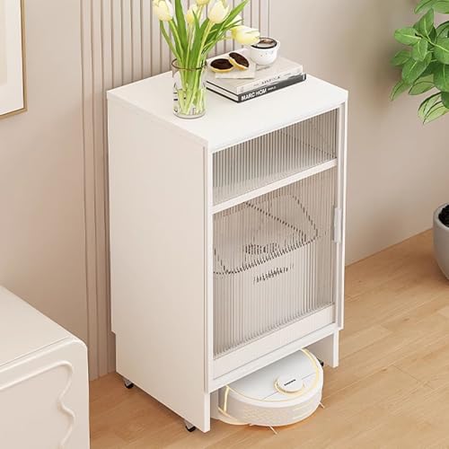 Robot Vacuum Cleaner Storage Rack, Robot Vacuum Storage Cabinet with Glass Door, Mobile Sweeping Robot Rack, Hidden Vacuum Organizer, Floor Aquarium Stand for Living Room - White