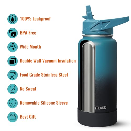 RUBYFLASK 40 oz Insulated Stainless Steel Water Bottle with Straw | 3 Lids, Wide Mouth, Metal Vacuum Leakproof Water Jug Flask and Handle, Large Thermal Cup with Silicone Boot, Armygreen - color: Army Green, size: 40 Ounces