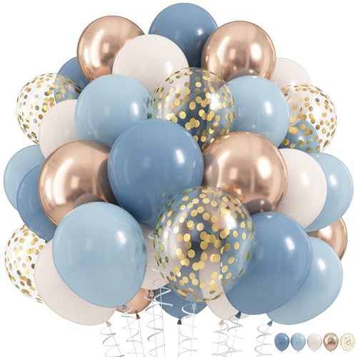 Dusty Blue Balloon Set, 60Pcs 12 Inch Slate Muted Baby Blue Fog Pastel Light Blue White Sand Balloon with Metallic Confetti Champagne Gold Balloons for Boy Birthday Party Baby Bridal Shower Decortaion - color: Dusty Blue Gold White, size: 12 inch 60pcs
