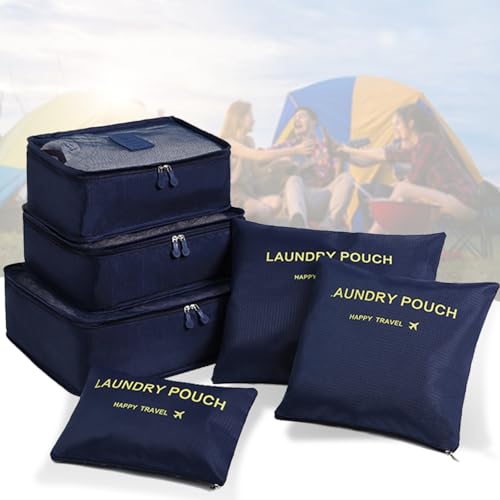 6 Set Travel Packing Cubes Lightweight Nylon Suitcase Luggage Organizer Bags Machine Washable Travel Clothes Packing Bag (Navy Blue) - color: Navy Blue 6 Set