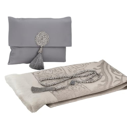 BABY SHOWER CHOCOLATE Muslim Prayer Rug and Tasbeeh Set with Portable Premium Shantung Bag – Soft Janamaz Sajadah for Men & Women – Islamic Gift for Ramadan, Eid, Hajj, Umrah – Travel Prayer Mat - color: Grey