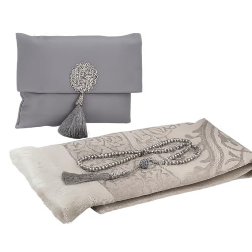 BABY SHOWER CHOCOLATE Muslim Prayer Rug and Tasbeeh Set with Portable Premium Shantung Bag – Soft Janamaz Sajadah for Men & Women – Islamic Gift for Ramadan, Eid, Hajj, Umrah – Travel Prayer Mat - color: Grey