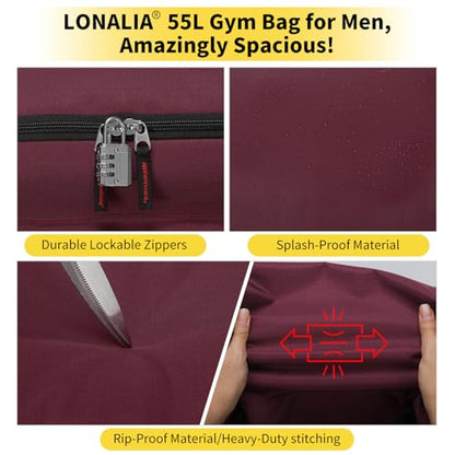 55L Large Sports Duffle Gym Bag for Men, Maroon | Heavy Duty, Multi Pockets, Roomy, 22 inch - color: Maroon