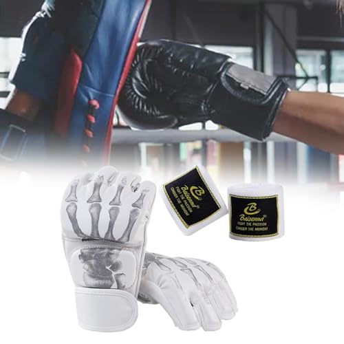 Boxing Gloves Gear Open Palm MMA Half Mitts Lightweight Breathable PU Leather Shock Pad Half Finger Suitable for Adults Men Women Fitness M, White Skeleton