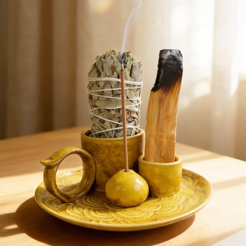 Tnstbiee 4 Inch 5-in-1 Yellow Ceramic Incense Holder,Multi-Use Smudge Tray - color: Palo-incense-dish-yellow