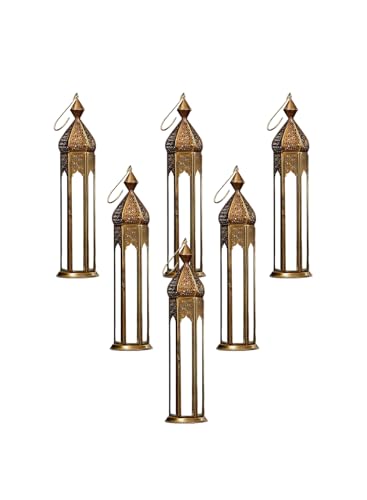 Serene Spaces Living Antique Golden Bronze Metal Lantern, Clear Glass Paneled Tealight Holder, Vintage Decorative Lantern for Dining Table, Wedding, Holiday, Event, Pack of 6 - size: Pack of 6