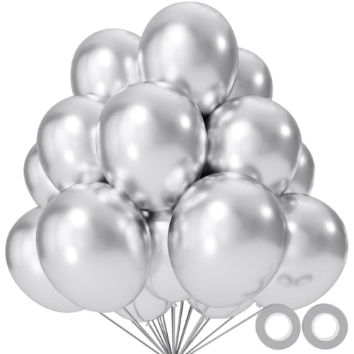 110pcs Metallic silver Balloons, Metallic silver Latex Balloons 12 inch, silver Balloon for Birthday Party Baby Shower Wedding(with 2 Ribbons). - color: A21-silver, size: 12inch(normal)