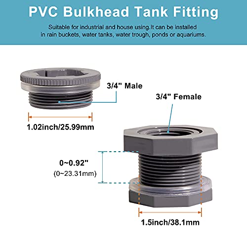 Ququyi 3/4 Inch PVC Bulkhead Water Tank Connector Adapter Fitting with Plugs Thru-Bulk Pipe Fitting for Rain Barrels, Aquariums, Ponds(Set of 3) - size: 3/4"-3pcs