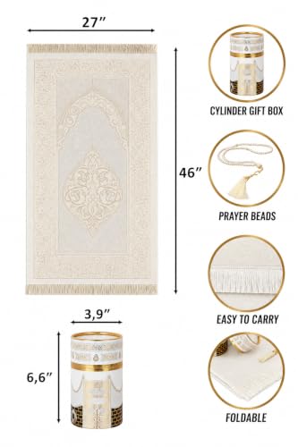ihvan online Muslim Prayer Rug and Prayer Beads with Elegant Design Cylinder Gift Box, Janamaz, Soft Sajadah, Islamic Gifts Set, Portable Prayers Carpet Mat, Taffeta Fabric, White / Mod2 - color: White/Mod2