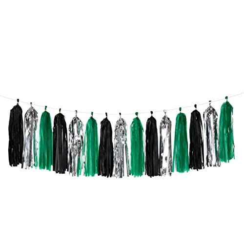Black Green Silver Tassel Garland - 15pcs Soccer Party Supplies Tassels Graduation Backdrop Decorations Men Boys Birthday Spring Summer Jungle Theme Banner - color: Black Green Silver