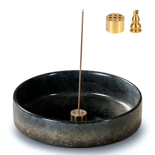 5.9" Ceramic Incense Holder with 10 Holes,5in1 Incense Tray for Sticks,Coil,Cone,Sage,Palo Santo,Handcrafted Burner Ash Catcher Smudge Bowl for Yoga Meditation Energy Cleansing Room Décor,Black - color: Black