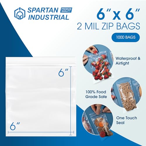 6” X 6” (1000 Count) 2 Mil Clear Reclosable Zip Plastic Poly Bags | with Resealable Lock Seal Zipper - Spartan Industrial - size: 6” X 6”