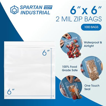 6” X 6” (1000 Count) 2 Mil Clear Reclosable Zip Plastic Poly Bags | with Resealable Lock Seal Zipper - Spartan Industrial - size: 6” X 6”
