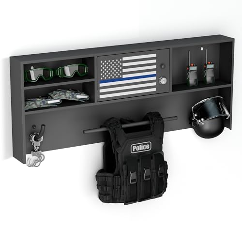 Police Gear Rack,Wall Mounted Lock Safe Police Tactical Vest Hanger | Gun Storage Plate Carrier Tactical Gear Stand with Decorative Flags,Law Enforcement Organizer for Police Veteran Gift