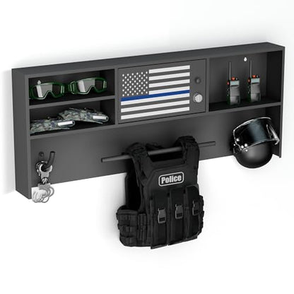 Police Gear Rack,Wall Mounted Lock Safe Police Tactical Vest Hanger | Gun Storage Plate Carrier Tactical Gear Stand with Decorative Flags,Law Enforcement Organizer for Police Veteran Gift