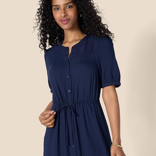 Amazon Essentials Women's Relaxed Fit Half-Sleeve Breathable Button Front Drawstring Waist Midi A-Line Dress with Pockets - color: Navy, size: X-Small