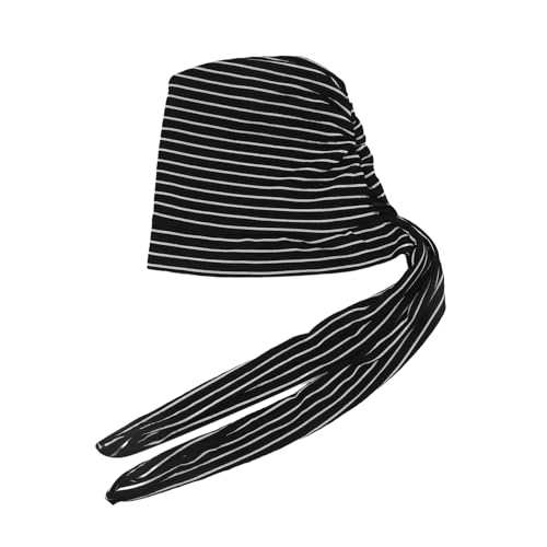 Suillty Women's Pre-Tied Muslim Hijab Bonnet Pleated Ruffle Turban Chemo Cap Underscarf Islamic Headwear - color: Black Striped