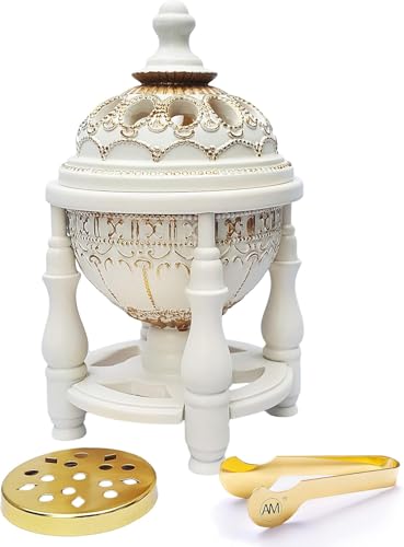 AM Charcoal Incense Burner - Bakhoor Burner, Oud Frankincense Resin Burner for Office & Home Decor - Lavish 4 Pillar (4 Pillar White) - color: 4 Pillar White