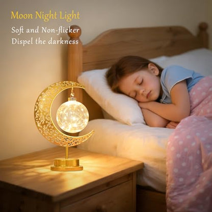 Moon Lamp with Hanging Globe, Decorative Crescent Moon Table Lamp Battery Powered, Retro Metal Islamic Decor LED Night Light for Bedroom Living Room, Gift for Women Birthday Christmas Boho Home Decor - style: Battery Powered Moon Lamp Ball