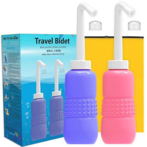 Upside Down Peri Bottle for Postpartum Care, Portable Bidet Bottle with Travel Bag, Handheld Perineal Sprayer,Reusable Douche Bottle for Women,Men,Baby,Personal Hygiene 450ml-2Pack (Blue+Pink) - color: Blue+pink