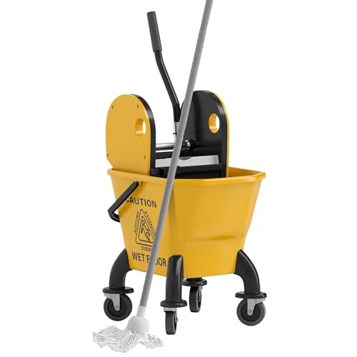 HOMCOM Mop Bucket with Wringer on Wheels, 27.5 Quart, with Mop, Yellow | Down Press Wringer, Handle and Mop, Floor Cleaning - color: Yellow, size: 27.5 Quart