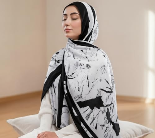 Hijab Modest and Elegant | Beautifully Designed Printed Chiffon Patterns | Muslim Women Head Scarf and Veil - color: White B