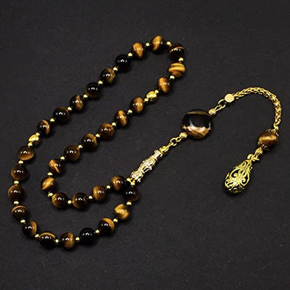 Design -Tiger Eye Stone Series Worry Beads - Prayer Beads (8 mm-33 Beads) Tesbih-Tasbih-Tasbeeh-Misbaha-Masbaha-Subha-Sebha-Sibha-Rosary (Orient Gold Tassel and Tiger Eye Bracelet) - color: Orient Gold Tassel and Tiger Eye Bracelet