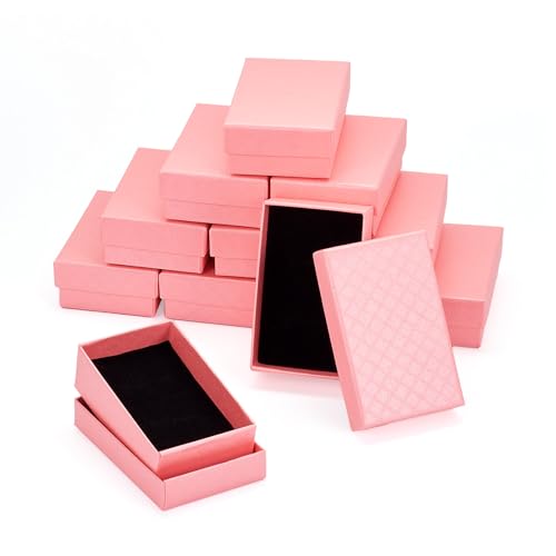 12 pcs Jewelry Wrapping Boxes Cardboard Necklace Earring Ring Boxes 3.1x2x1 Inches Pink Paper Rectangle Rhombus Print Sponge Filled Boxes for Valentine Key Chain DIY Women Bracelets Wedding - color: Pink