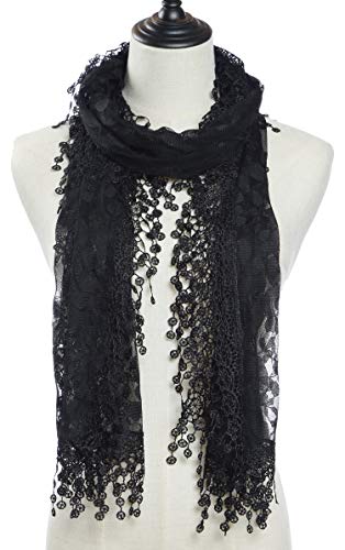 Cindy & Wendy Lightweight Soft Leaf Lace Fringe Scarf Bridal Shawl for Women - color: Black-1